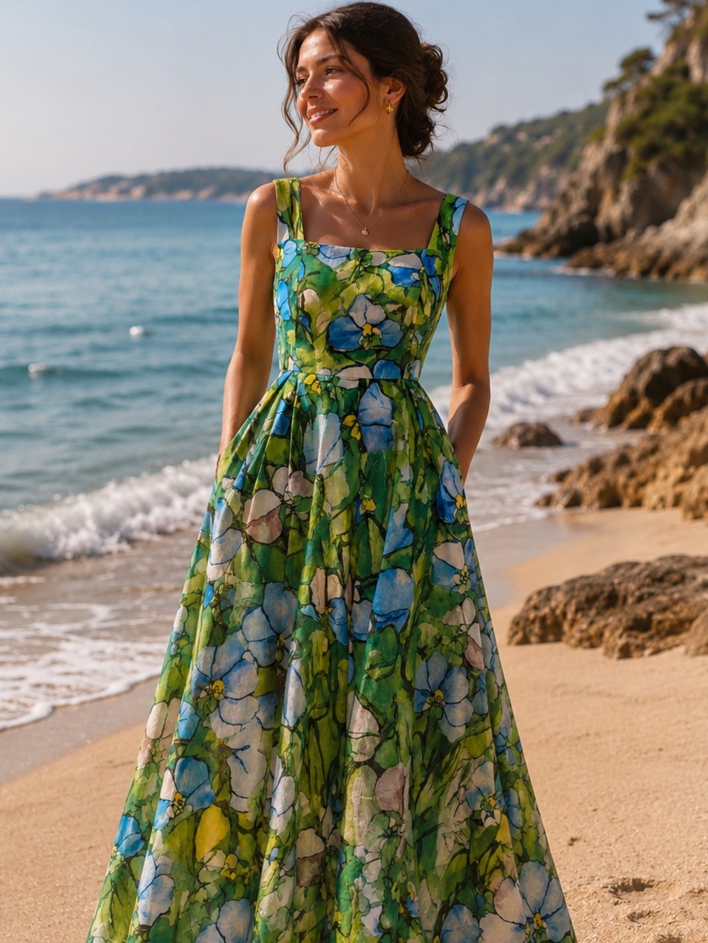 Floral Green and Blue Maxi Dress - Sleeveless Square Neck